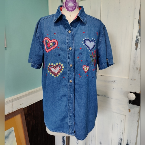 Bobbie Brooks heart embroidery denim button up shirt - Picture 1 of 8